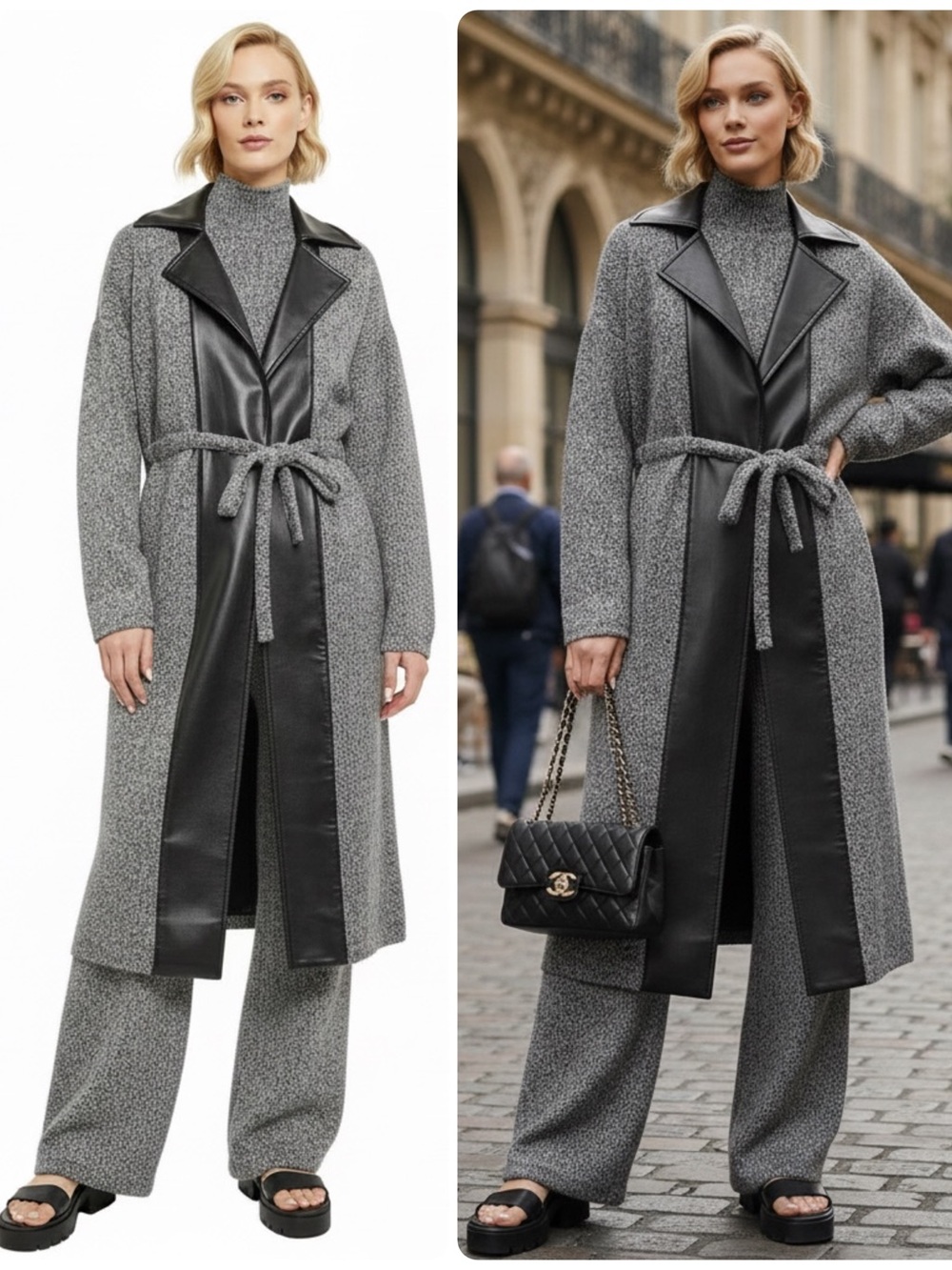 Misook Tweed Mixed Media Belted Vegan Leather Trim Sweater Trench Coat NWT $428